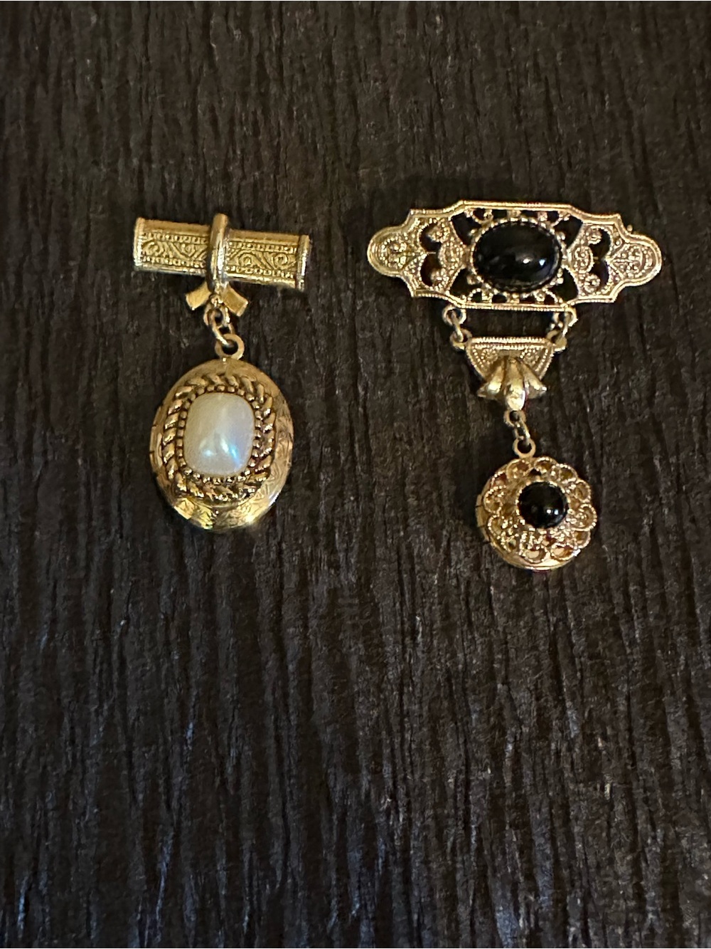 1928 Jewelry Co. Set of Gold-Tone Locket Brooches with Black and Pearl Cabochon